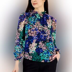 Anne Klein Printed Chiffon Ruffle Neck Blouse size M